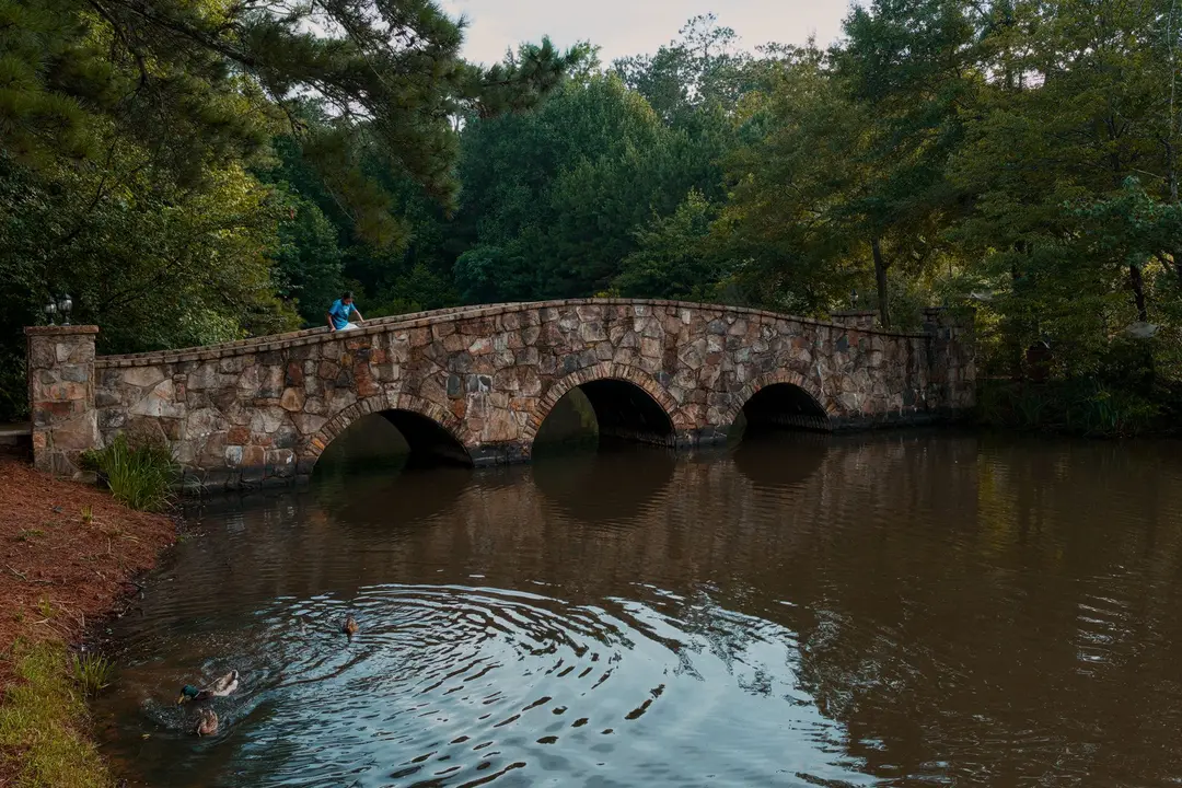 Stone footbridge crossing a duck pond in an Atlanta park